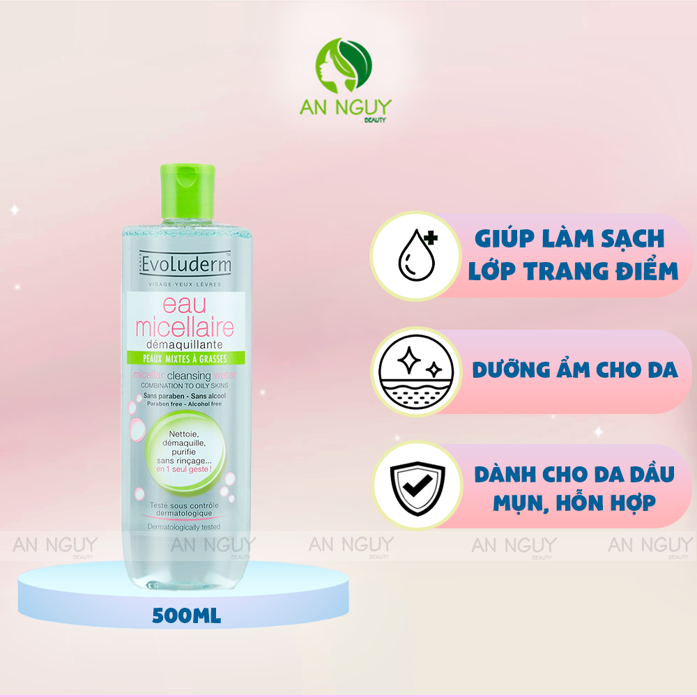 Nước Tẩy Trang Evoluderm Micellar Cleansing Water Combination To Oily Skins Cho Da Hỗn Hợp, Dầu Mụn (Xanh Lá)