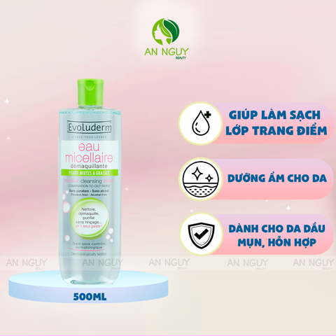 Nước Tẩy Trang Evoluderm Micellar Cleansing Water Combination To Oily Skins Cho Da Hỗn Hợp, Dầu Mụn (Xanh Lá)