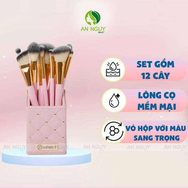 Bộ Cọ 12 Cây BH Cosmetics Pink Studded Elegance Kèm Hộp Đựng Cọ