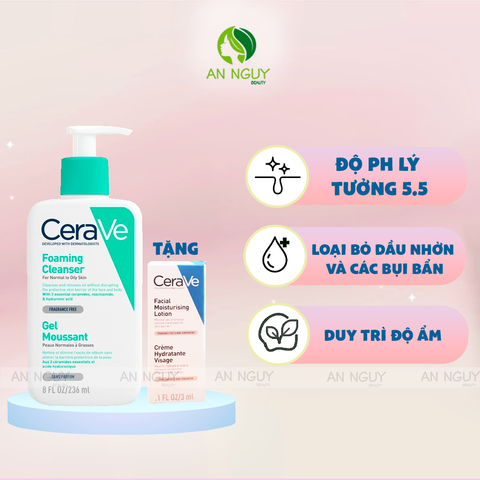 [Mua 1 Tặng 1] Sữa Rửa Mặt CeraVe Face Foaming Gel For Normal To Oily Skin 236ml + Tặng Dưỡng Ẩm CeraVe
