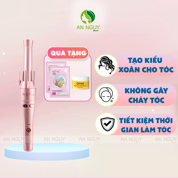 Combo Quà Tặng + Máy Uốn Tóc HALIO Auto Rotating Hair Curler Tự Xoay 360 Độ Ion Âm (Màu Rose Gold)