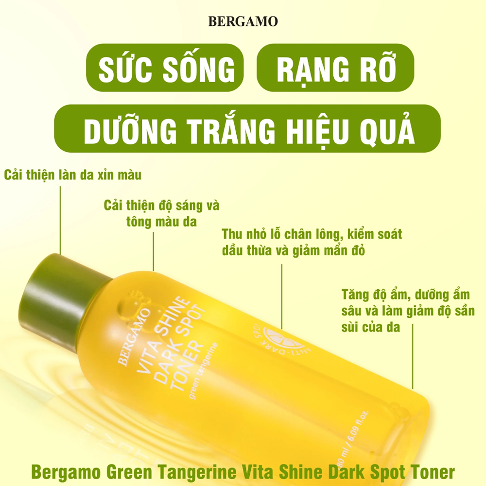 Nước Hoa Hồng Bergamo Green Tangerine Vita Shine Dark Spot Toner Quýt Xanh Trắng Da Mờ Thâm 180ml