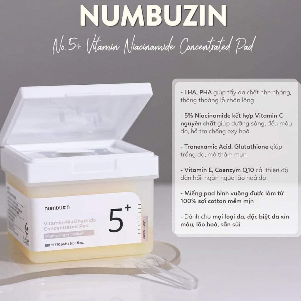 Nước Hoa Hồng Dạng Miếng Toner Pad Numbuzin No.5 Vitamin-Niacinamide Concentrated 70 Miếng