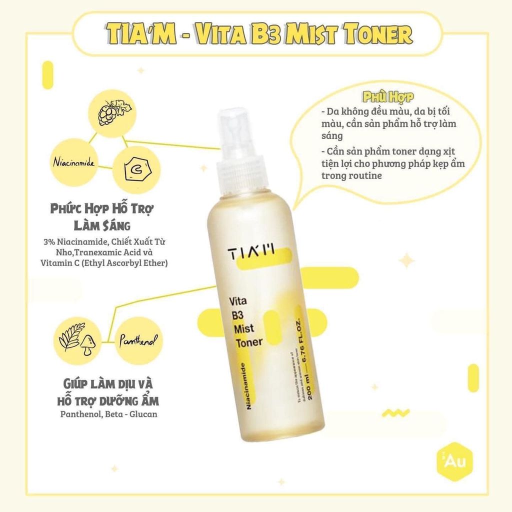 Nước Hoa Hồng Dạng Xịt Tia'm Vita B3 Mist Toner Làm Sáng Da 200ml