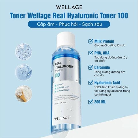 Nước Hoa Hồng Wellage Real Hyaluronic 100 Toner Cấp Ẩm Chuyên Sâu 200ml