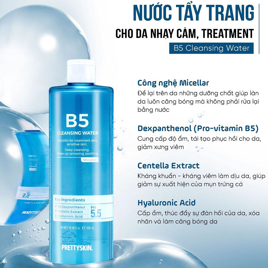 Nước Tẩy Trang PrettySkin B5 Cleansing Water Cho Da Nhạy Cảm 500ml