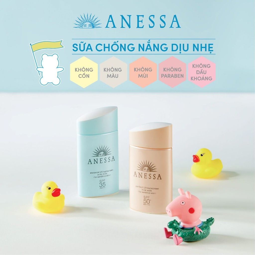 Sữa Chống Nắng Anessa Moisture UV Sunscreen Mild Milk SPF35 PA+++ Cho Da Nhạy Cảm & Trẻ Em 60ml