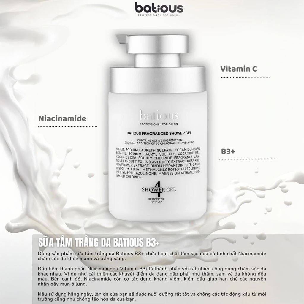 Sữa Tắm Batious B3+ Fragranced Shower Gel Hỗ Trợ Làm Trắng Sáng Da 500ml