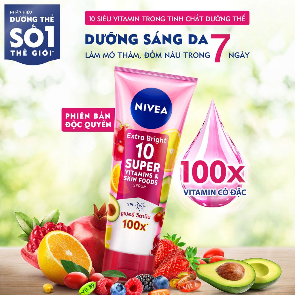 Tinh Chất Dưỡng Thể Nivea Extra Bright 10 Super Vitamins & Skin Foods Serum SPF15 Sáng Da, Mờ Thâm Nám 180ml