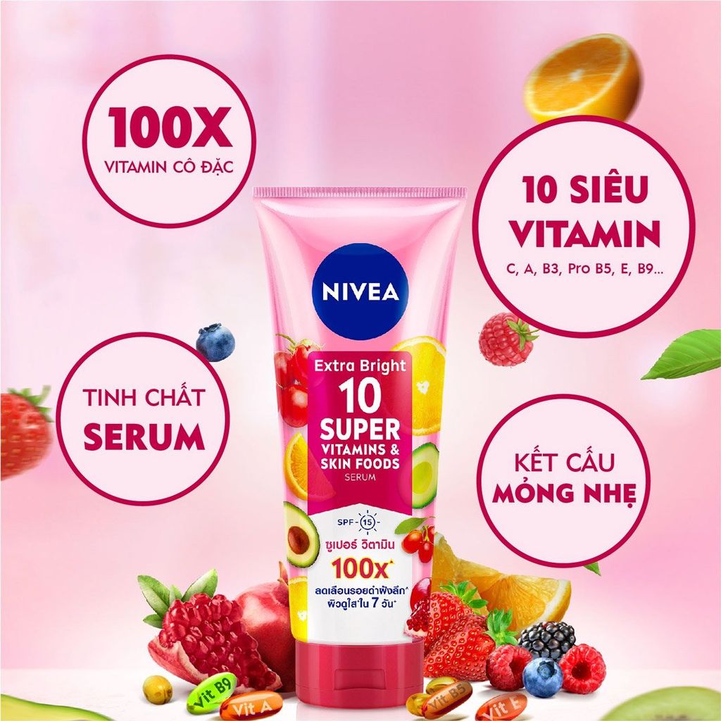 Tinh Chất Dưỡng Thể Nivea Extra Bright 10 Super Vitamins & Skin Foods Serum SPF15 Sáng Da, Mờ Thâm Nám 180ml