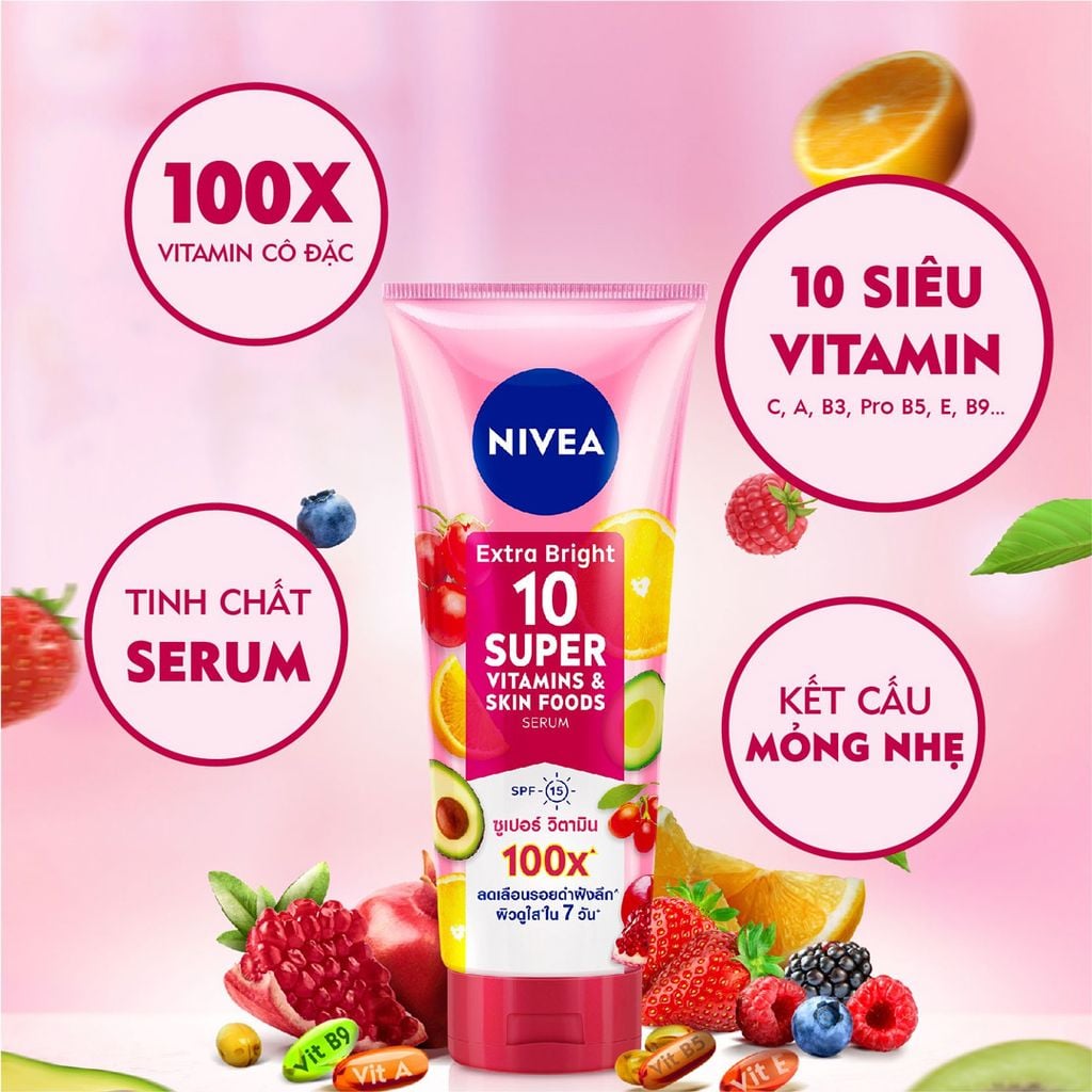 Tinh Chất Dưỡng Thể Nivea Extra Bright 10 Super Vitamins & Skin Foods Serum SPF15 Sáng Da, Mờ Thâm Nám 170ml