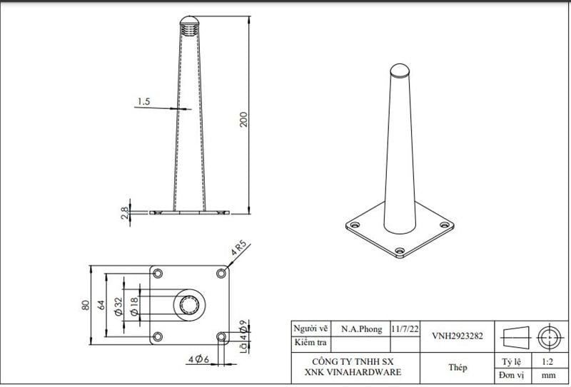 Chân côn bàn ghế màu crom vàng, loại thẳng Vinahardware