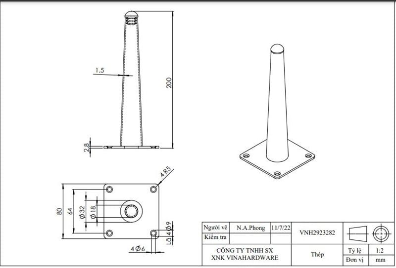Chân côn bàn ghế màu crom vàng, loại thẳng Vinahardware