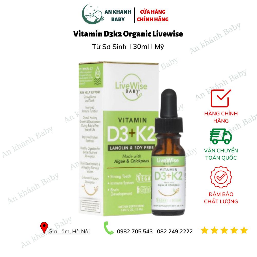  Vitamin D3 + K2 Organic Livewise Dạng Giọt Cho Trẻ Sơ Sinh Của Mỹ - 30ml 