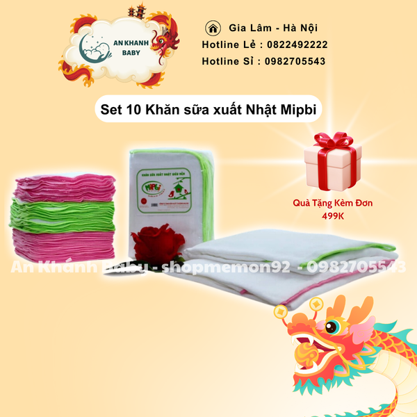 MIPBI - Set 10 Khăn sữa xuất Nhật Mipbi 3 lớp/4 lớp 28x36cm 
