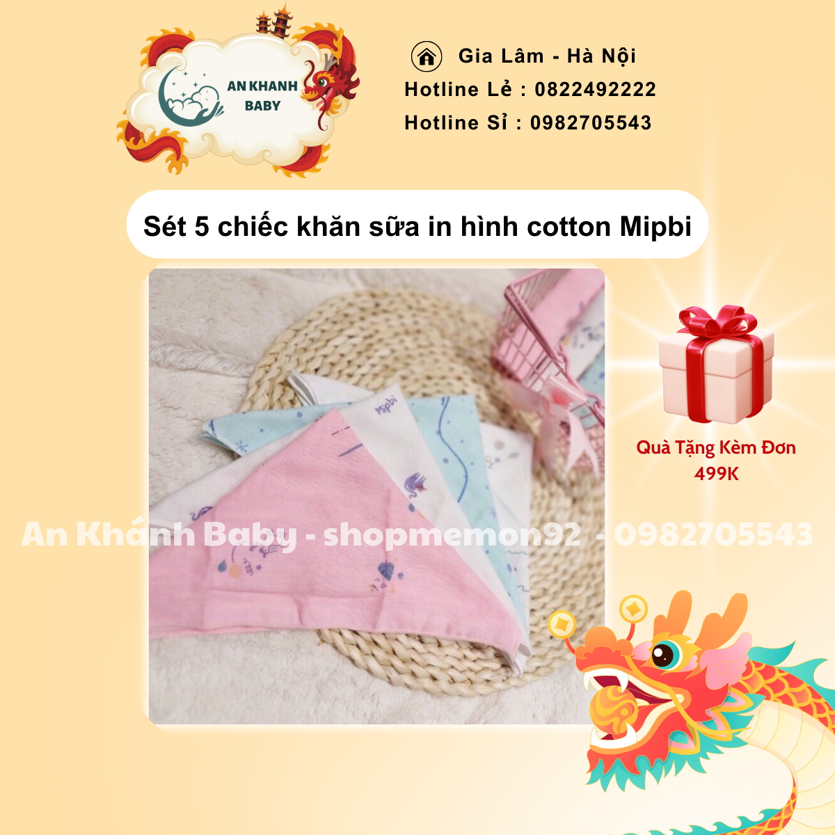  Sét 5 chiếc khăn sữa in hình cotton Mipbi 