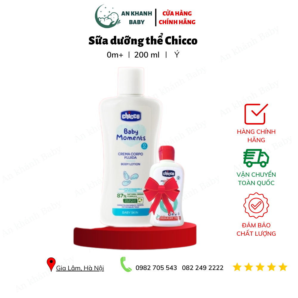  Sữa dưỡng thể chiết xuất Hạnh Nhân Chicco 0m+ 200ml tặng kèm nước giặt kháng khuẩn 100ml 