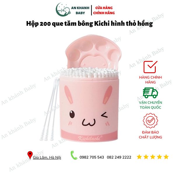  Hộp 200 que tăm bông Kichi hình thỏ hồng cho bé từ sơ sinh 