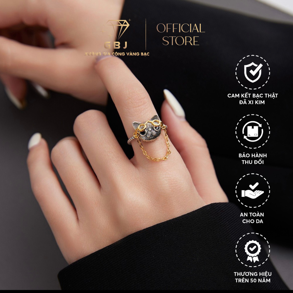 Nhẫn Bạc Mèo Đeo Kính (Freesize) Chuẩn Bạc Cao Cấp  - Dễ Thương, Xinh Xắn - Phụ Hợp Cho Mọi Lứa Tuổi - GBJ55758 - Gia Bảo Jewelry