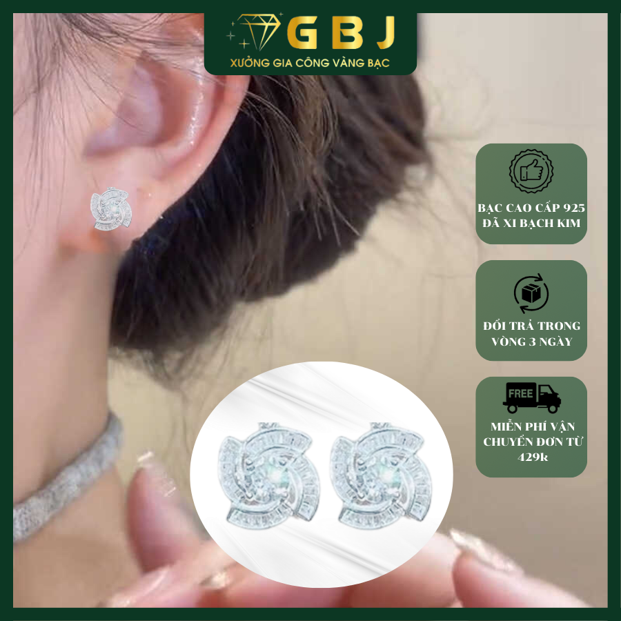 Bông Tai Hoa 4 Cánh Đính Đá Baguette Chuẩn Bạc 925 - GBJ47152 - Gia Bảo Jewelry (Có Xi Kim)