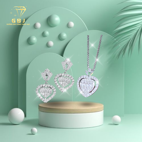 Combo Dây Chuyền + Bông Tai Mặt Trái Tim Viền Đá Chuẩn Bạc 925 - GBJ47437-32231+GBJ47922 - Gia Bảo Jewelry