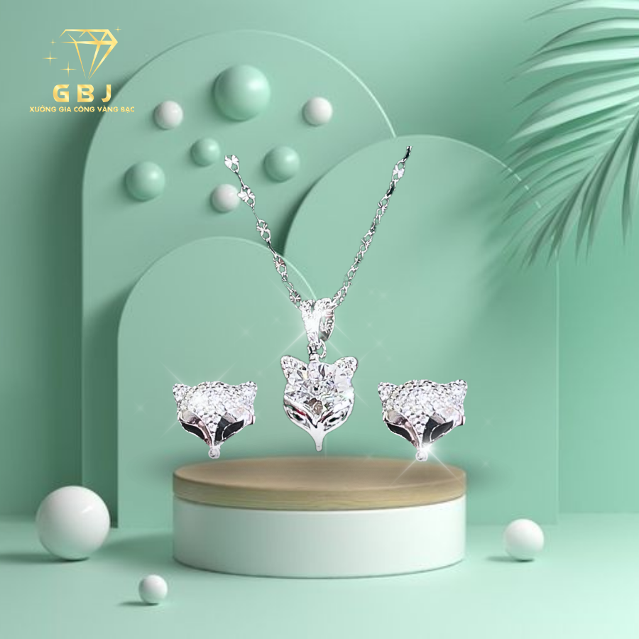 Combo Dây Mặt + Bông Tai Hồ Ly Đính Đá Chuẩn Bạc 925 - GBJ47500 + GBJ47328-46913 - Gia Bảo Jewelry