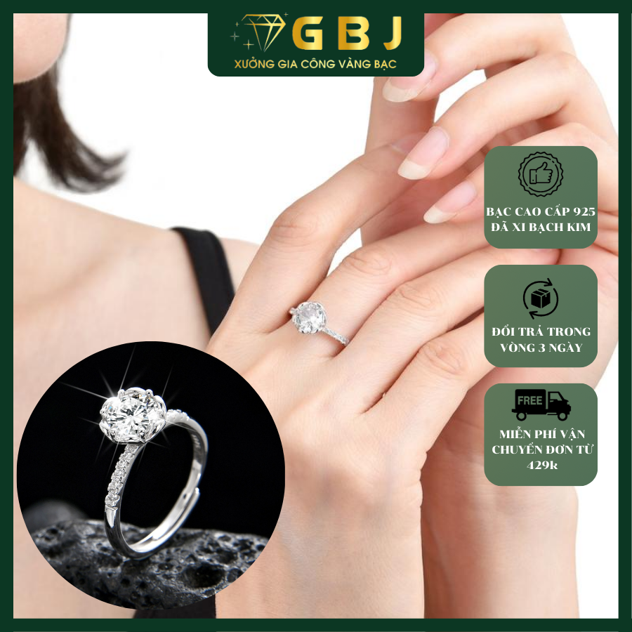 Nhẫn Xoàn Hoa 6 Chấu Cao Cấp (Freesize) Chuẩn Bạc 925 - GBJ47501 - Gia Bảo Jewelry (Có Xi Kim)