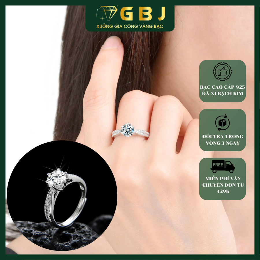 Nhẫn Xoàn 6 Chấu Viền Đá Cao Cấp (Freesize 11 -18) Chuẩn Bạc 925 - GBJ47508 - Gia Bảo Jewelry