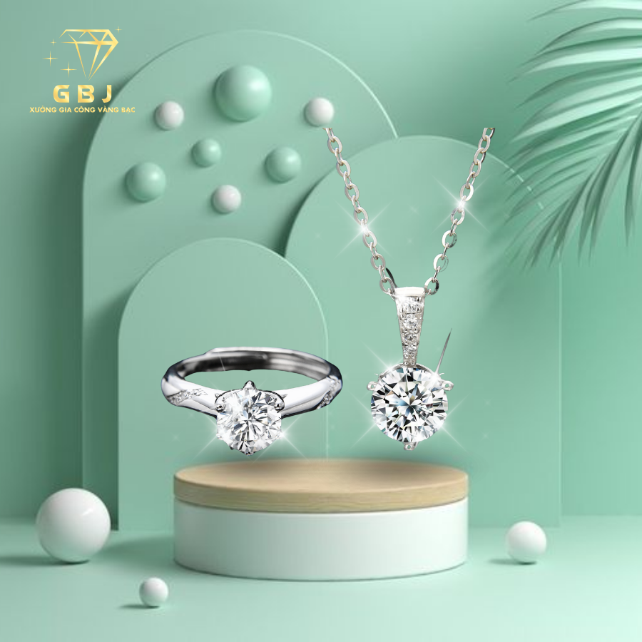 Combo Dây Chuyền Mặt Tròn Đá Moissanite + Nhẫn Bạc Đính Đá Cao Cấp Chuẩn Bạc 925 - GBJ47513 + GBJ47519 - Gia Bảo Jewelry