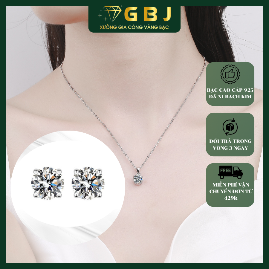 Combo Dây Mặt Tròn 8li Đá Moissanite + Bông Tai 4 Chấu Vỏ Xoàn 8li Đá Moissanite Chuẩn Bạc 925 - GBJ47519-M - GBJ47237-M - Gia Bảo Jewelry