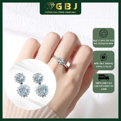 Combo Bông Tai Tòn Tèn Hoa Tim Đính Đá + Nhẫn 4 Chấu Viền Trơn Nụ Đính Đá 6li5 Chuẩn Bạc 925 - GBJ48096+ GBJ48703 - Gia Bảo Jewelry