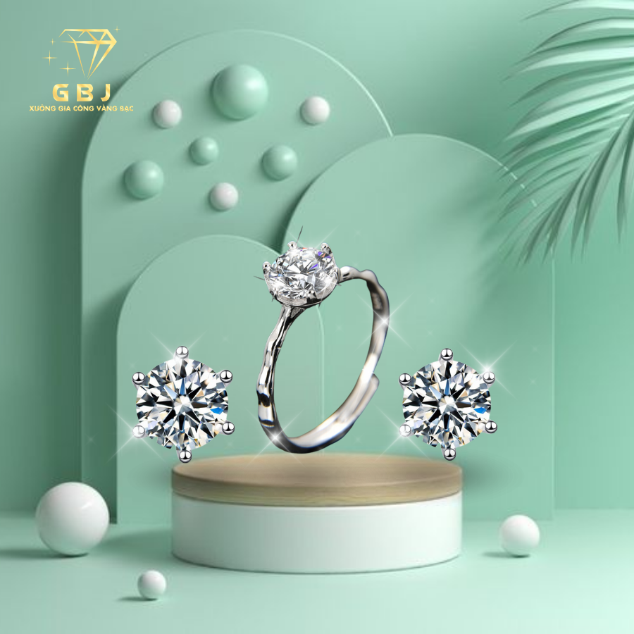 Combo Nhẫn 6 Chấu Gợn Sóng + Bông Tai 6 Chấu 6li3 Cao Cấp Chuẩn Bạc 925 - GBJ48182+GBJ43027 - Gia Bảo Jewelry
