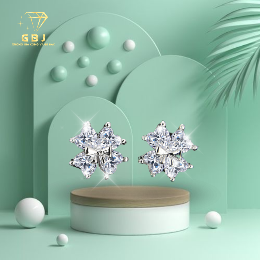 Bông Tai Nơ 4 Tim (Chốt Đẩy) Cao Cấp Chuẩn Bạc 925 - GBJ48193 - Gia Bảo Jewelry (Có Xi Kim)