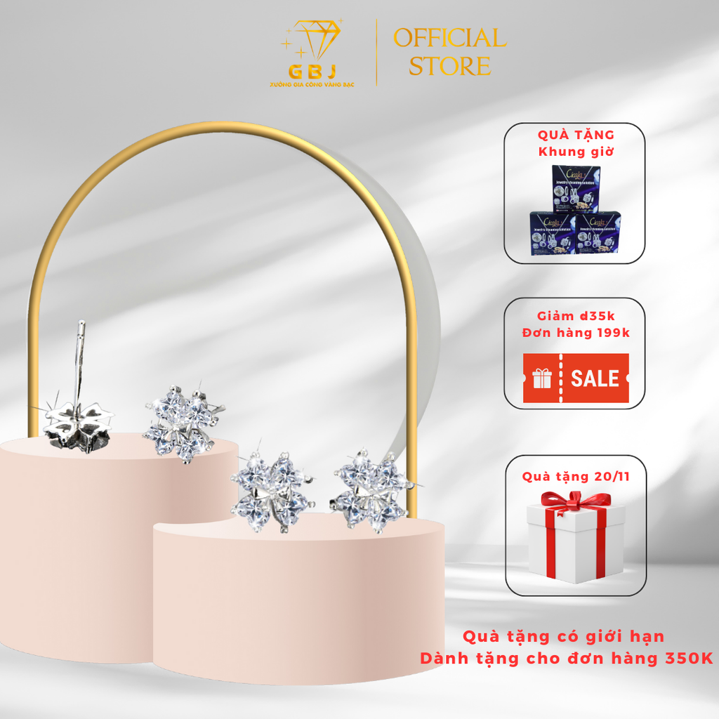 Bông Tai Nơ 4 Tim (Chốt Đẩy) Cao Cấp Chuẩn Bạc 925 - GBJ48193 - Gia Bảo Jewelry (Có Xi Kim)