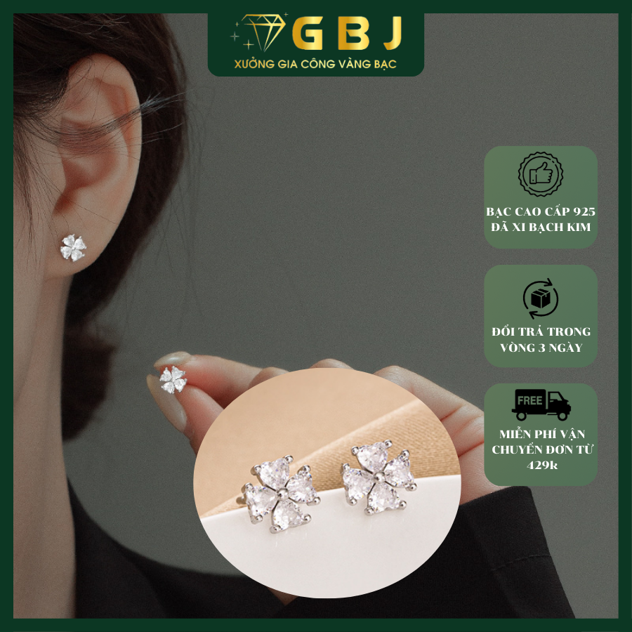 Bông Tai Nơ 4 Tim (Chốt Đẩy) Cao Cấp Chuẩn Bạc 925 - GBJ48193 - Gia Bảo Jewelry (Có Xi Kim)
