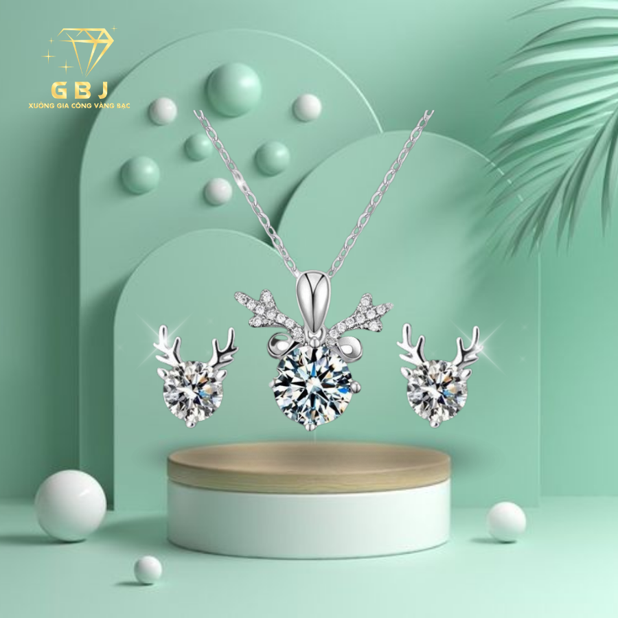Combo Dây Chuyền + Bông Tai Tuần Lộc (Bông 5li Đá Moissanite ) Chuẩn Bạc 925 - GBJ48383-48169 + GBJ46325 - Gia Bảo Jewelry