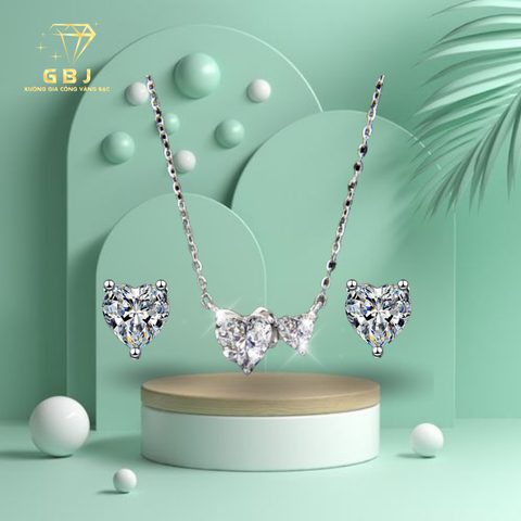 Combo Dây Chuyền Tim Đôi 3 Chấu + Bông Tai Trái Tim Cao Cấp Chuẩn Bạc 925 - GBJ48678 + GBJ44148 - Gia Bảo Jewelry