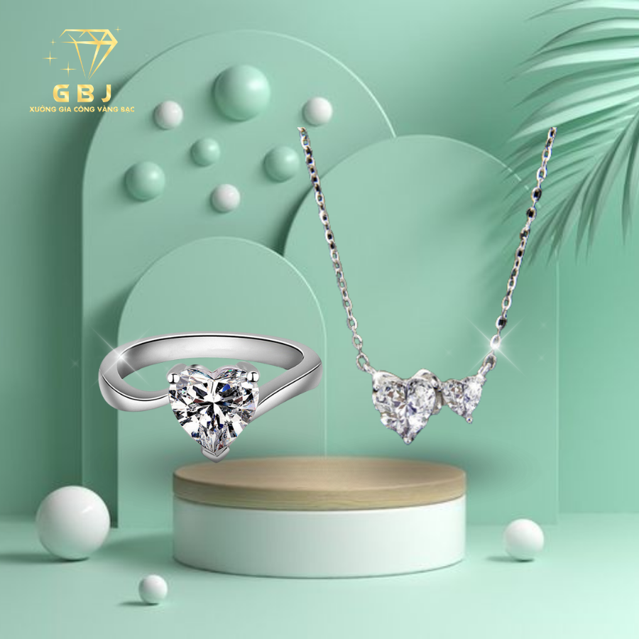 Combo Dây Chuyền LM + Nhẫn Nữ Hình Tim Đôi 3 Chấu Chuẩn Bạc 925 - GBJ48678+GBJ47507 - Gia Bảo Jewelry