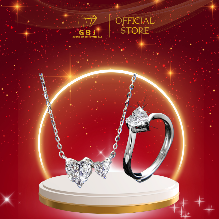 Combo Dây Chuyền LM + Nhẫn Nữ Hình Tim Đôi 3 Chấu Chuẩn Bạc 925 - GBJ48678+GBJ47507 - Gia Bảo Jewelry