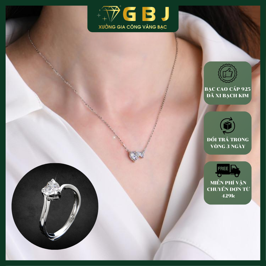 Combo Dây Chuyền LM + Nhẫn Nữ Hình Tim Đôi 3 Chấu Chuẩn Bạc 925 - GBJ48678+GBJ47507 - Gia Bảo Jewelry