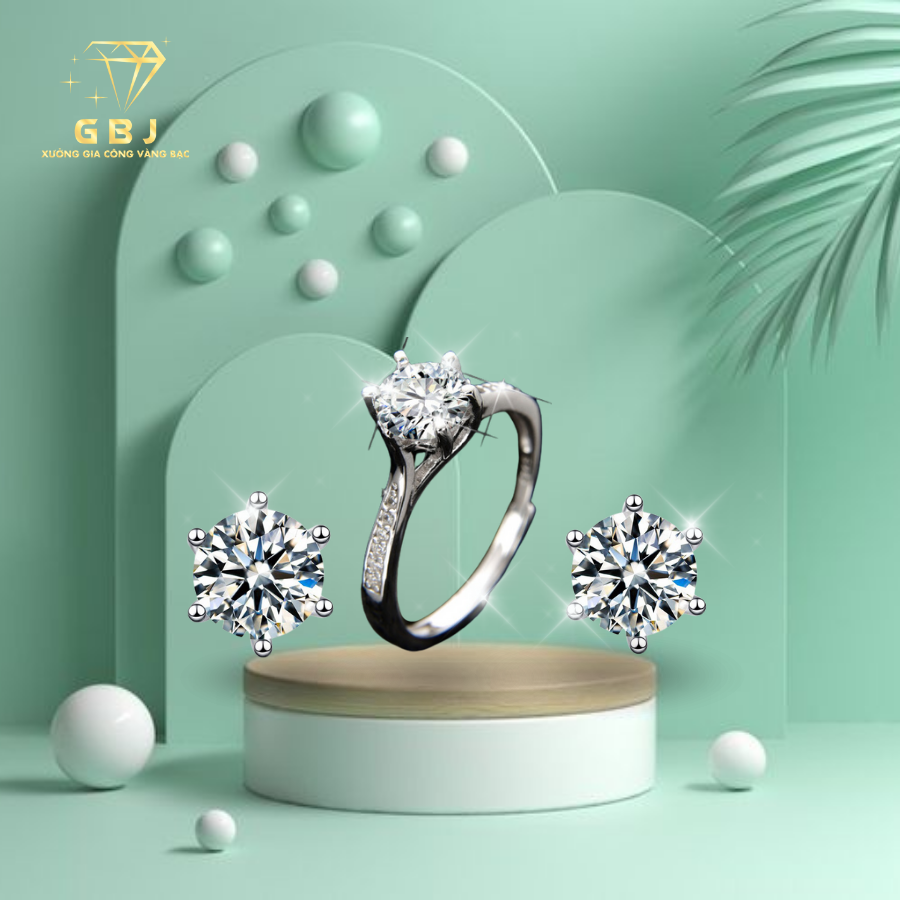 Combo Nhẫn 6 Chấu Viền Đá Mảnh 02 + Bông Tai 6 Chấu 6li3 Đá Moissanite  Cao Cấp Chuẩn Bạc 925 - GBJ48702 - GBJ43027 - Gia Bảo Jewelry