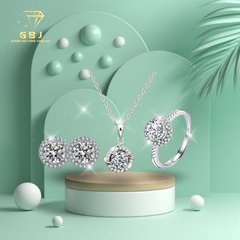 Combo Dây Chuyền Mặt Tròn 4 Chấu Cách Điệu + Bông Tai Viền Tròn + Nhẫn 4 Chấu Viền Đá 02 Chuẩn Bạc 925 - GBJ48751 + GBJ50569 + GBJ48696 - Gia Bảo Jewelry