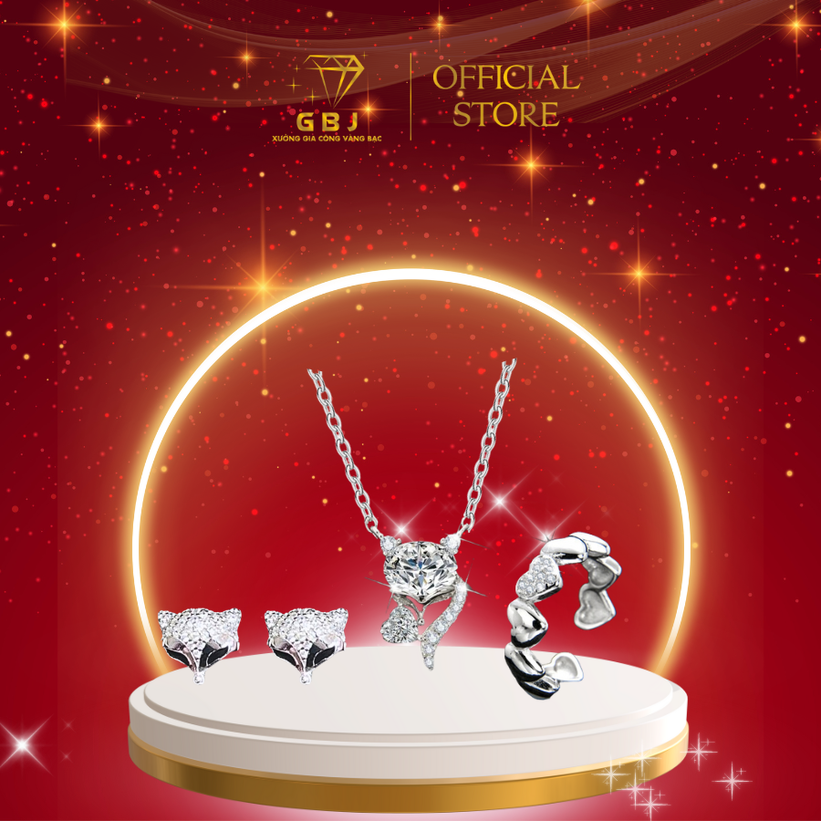 Combo PK Dây Chuyền Hồ Ly - Hoa Tai Hồ Ly - Nhẫn Full Tim-GBJ48813-49881+47500+47846- Gia Bảo Jewelry