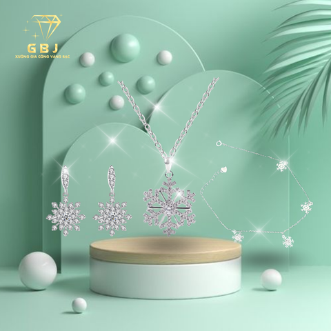 Combo dây chuyền hoa tuyết+bông tai hoa tuyết+ lắc chân hoa tuyết chuẩn bạc 925-Gia Bảo Jewelry