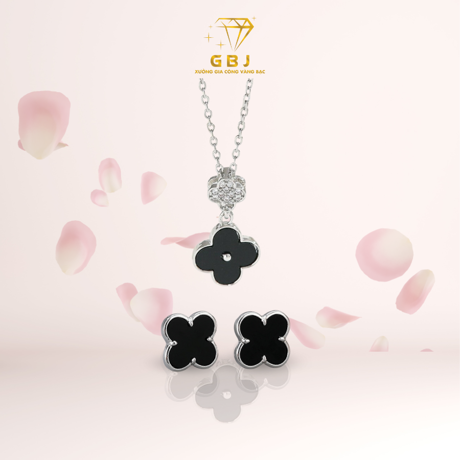 Combo dây chuyền bông tai cỏ 4 lá may mắn (chốt đẩy) GBJ52209 + GBJ36392 - Gia Bảo Jewelry