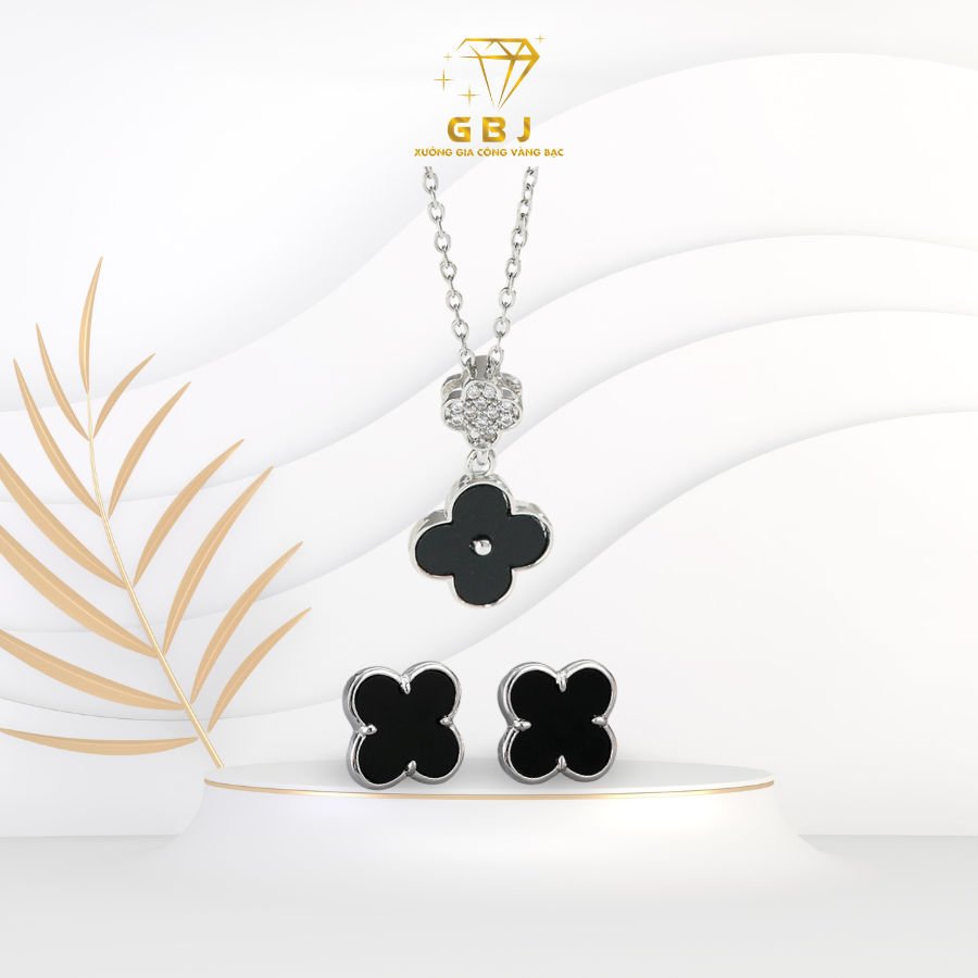 Combo dây chuyền bông tai cỏ 4 lá may mắn (chốt đẩy) GBJ52209 + GBJ36392 - Gia Bảo Jewelry