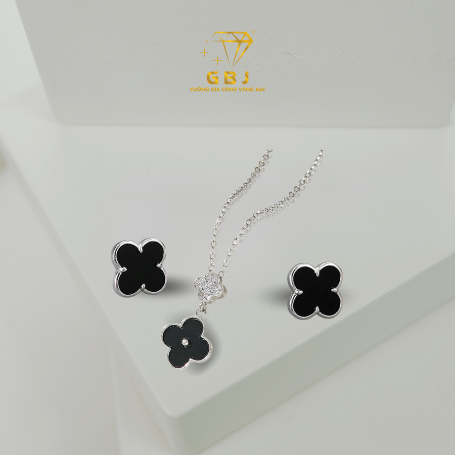 Combo dây chuyền bông tai cỏ 4 lá may mắn (chốt đẩy) GBJ52209 + GBJ36392 - Gia Bảo Jewelry