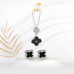 Combo dây chuyền bông tai cỏ 4 lá viền đá (chốt vặn) GBJ52209+ GBJ47753- Gia Bảo Jewelry