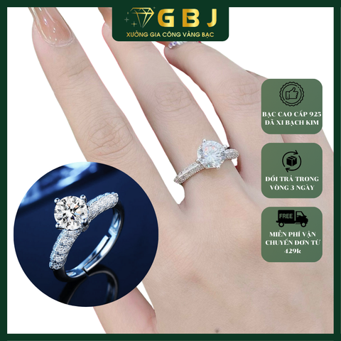 Nhẫn Bạc 4 Chấu Viền Tấm Kiểu Đính Đ.á Moissanite 8Li (freesize) - GBJ54118 - Gia Bảo Jewelry (Có Xi Kim)