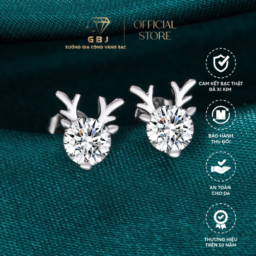 Hoa Tai Nữ Hình Tuần Lộc Đính Đá Cao Cấp Viên Chủ 6Li3 (chốt đẩy) - Bạc 925 Đã Xi Bạch Kim - Kiểu Dáng Độc Đáo, Ấn Tượng, Dành Cho Nữ  - GBJ46325 -  Gia Bảo Jewelry
